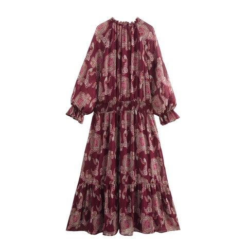 Women Long Sleeve Maxi Dress Vintage Paisley Print Wine Red Metallic Thread Bohemian Tiered Skirt High Waist Tie Neck