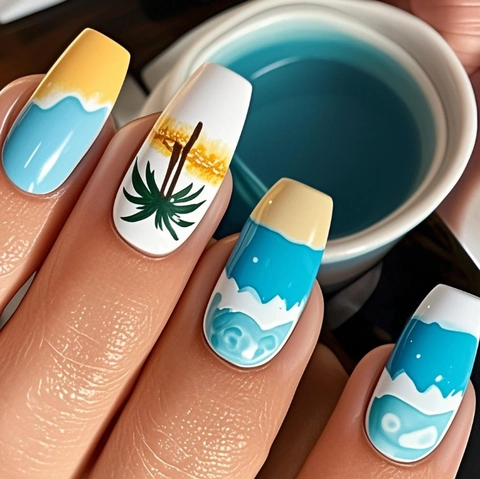 Uñas Postizas Coffin Tema Playa De Verano Azul Amarillo Patrón Coco Ola Con Pegamento De Gelatina Y Lima