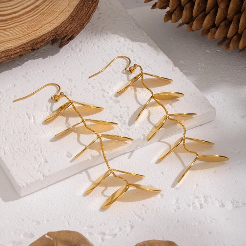 Pendientes Colgantes De Hoja Con Borla Acero Inoxidable 304 Chapado En Oro Impermeable Hipoalergénico Joyería Elegante Mujer
