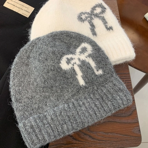 Knitted Beanie Hat Fuzzy Mohair Style Bow Knot Pattern Warm Winter Headwear For Women Korean Style