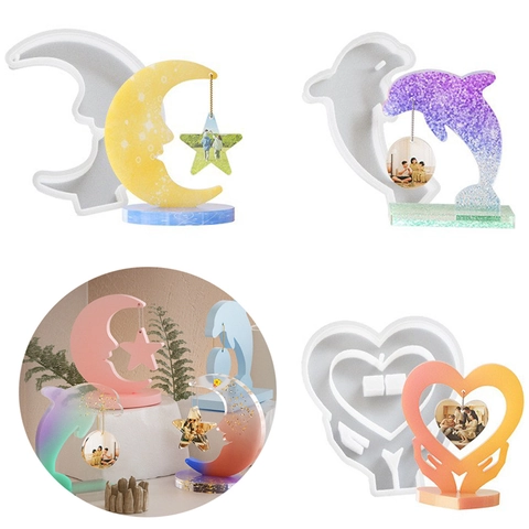 Resin Casting Photo Frame Silicone Mold DIY Heart Moon Dolphin Shape Crystal Epoxy Handmade Desktop Ornament Display