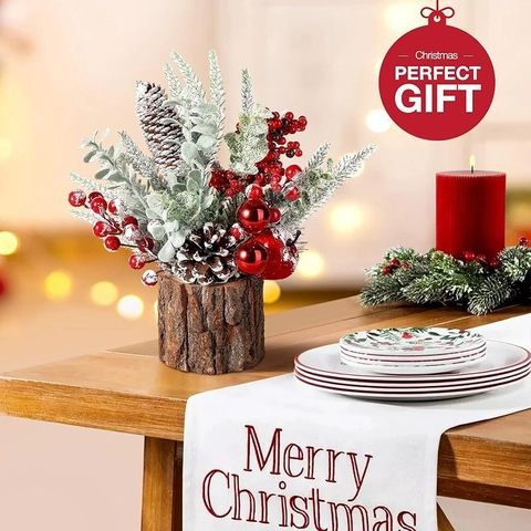 Mini Artificial Christmas Tree Tabletop Decoration Frosted Pine Needles Pine Cones Wood Base Red Berries Potted Ornament