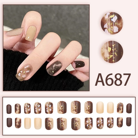 Short Press On Nails Coffee Marble Smudge Design Gold Foil Shell Decor Square Round Fake Nails Detachable For Women