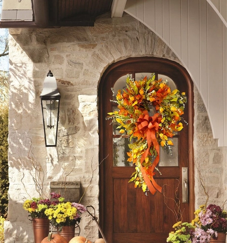 Autumn Maple Leaf Teardrop Wreath Artificial Fall Berries Decoration With Burlap Bow For Front Door Wall Harvest Home
