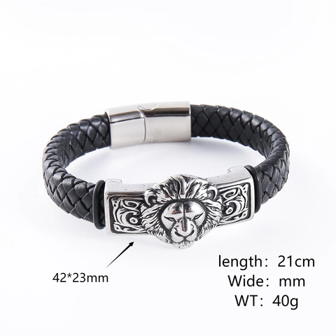 Bracciale Da Uomo In Pelle Intrecciata Con Testa Di Leone In Acciaio Inossidabile 304 Chiusura Magnetica Gioielli Punk
