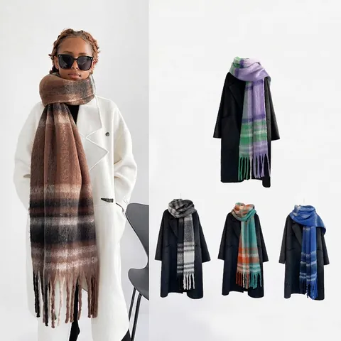 Damen Winter Warm Karomuster Schal Weicher Gebürsteter Polyester Schal Mit Langen Quasten Dickes Gittertuch Schal Wrap Eleganter Halswärmer