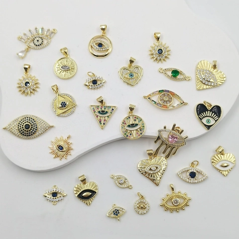 Evil Eye Und Hamsa Hand Anhänger Vergoldetes Kupfer Zirkonia Für Schmuckherstellung Retro Geometrische Charms