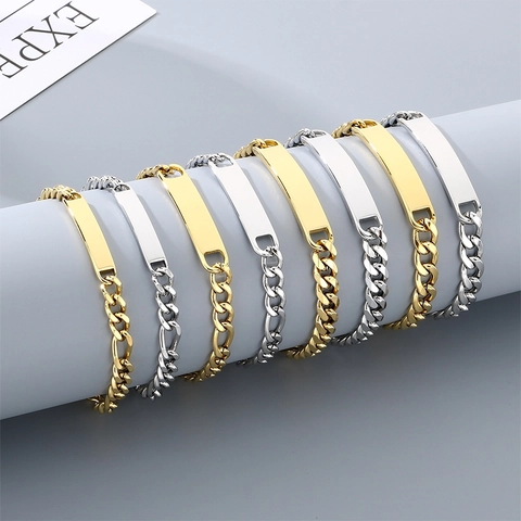 Men Titanium Steel Cuban Link ID Bracelet Personalized Engravable Curved Plate Punk Street Jewelry For Men Anniversary Gift