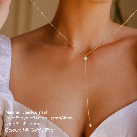 Minimalist Stainless Steel Y-Shaped Drop Necklace For Women Elegant Gold Silver Color Artificial Pearl Pendant Fashion Jewelry