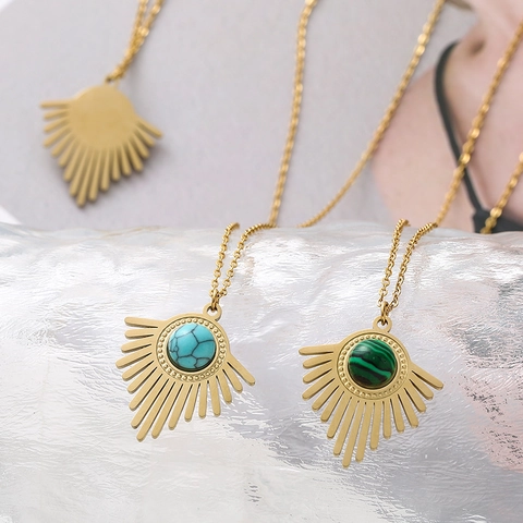 Boheemse Roestvrijstalen Ketting Natuursteen Zonnestraal Driehoek Geometrische Ingelegde Hanger Sieraden Voor Dames