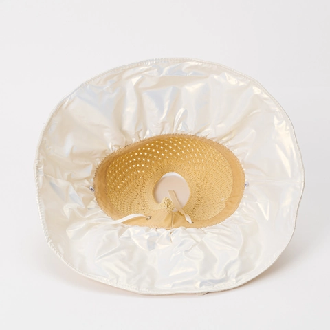 Cappello Visiera Parasole Donna Estate Paglia Intrecciata E Tessuto Jacquard Protezione UV Vuoto Sopra Ala Larga Fiocco