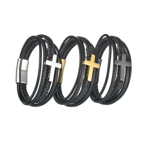 Men Multi-layer Braided Leather Bracelet With Alloy Cross Charm Punk Retro Style Magnetic Clasp