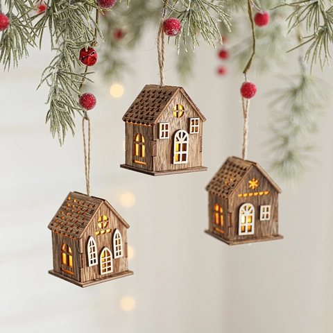 Kerst Houten Huis Ornamenten LED Verlichte Hangende Boom Decoratie Hout Kleine Hut Warme Gloed Nieuwigheid