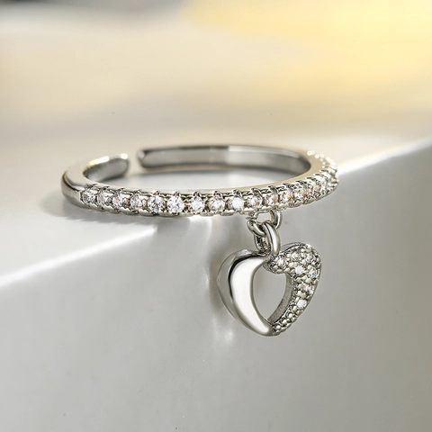 Minimalist Heart Charm Open Ring Gold Plated Copper Micro Pave Zircon Adjustable Finger Jewelry For Women