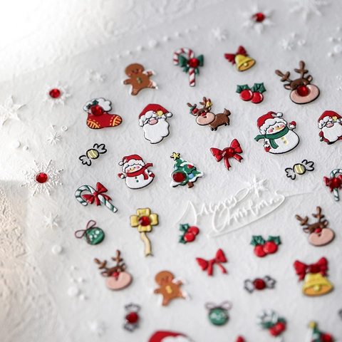 Christmas Nail Stickers 5D Embossed Relief Santa Snowman Reindeer Snowflake Adhesive Decals Winter Holiday DIY Manicure