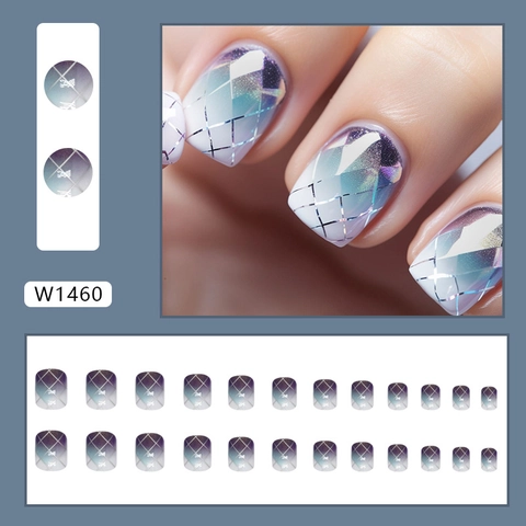 Square Press On Nails Taro Lila Farbverlauf Silber Gittermuster Künstliche Fingernägel Modischer Süßer Stil Für Frauen
