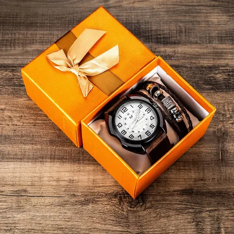 Men's Fashion Simple Quartz Watch And Braided Bracelet Set Alloy Case PU Leather Strap Wristwatch Pairing With Gift Box