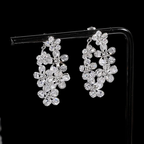 Flower Drop Earrings Copper Zircon Tassel Luxury Fashion Jewelry For Women With Silver Earring Post