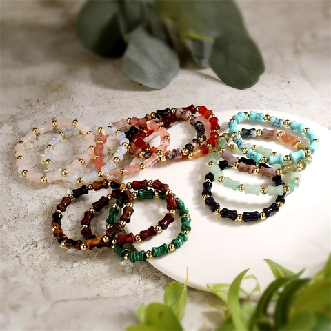 Pulsera De Cuentas De Piedra Natural En Forma De Bambú Estilo Étnico Joyería Elástica Para Mujeres Hombres