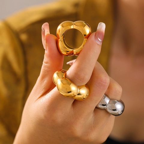 Chunky Puffy Ring Hollow Flower Geometric High Polished 18K Gold Plated Stainless Steel Fashion Jewelry For Women