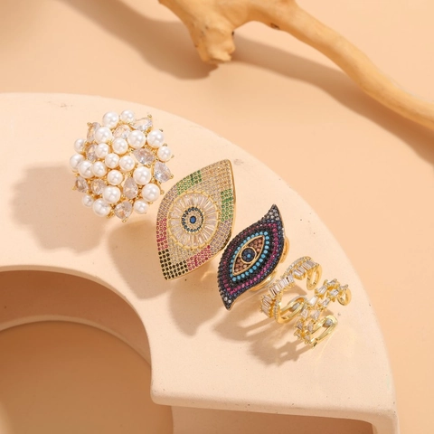 Anello Malocchio in Rame Placcato Oro di Lusso per Donna Con Zirconia e Perla Artificiale Moda Geometrica Aperto Regolabile Gioielli Regalo
