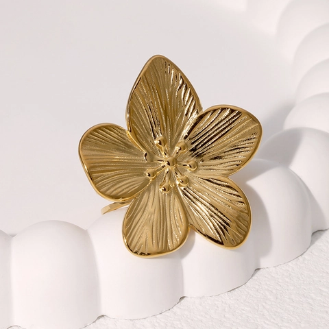 Flower Open Ring Stainless Steel 18K Gold Plated Vintage French Style Adjustable Five Petal Brushed Texture For Women