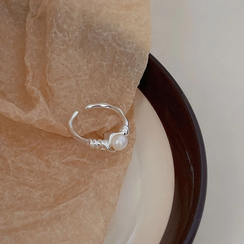 Anello In Argento Sterling 925 Con Perla Artificial Per Donna Design Aperto Regolabile Fascia In Corda Intrecciata Gioielli