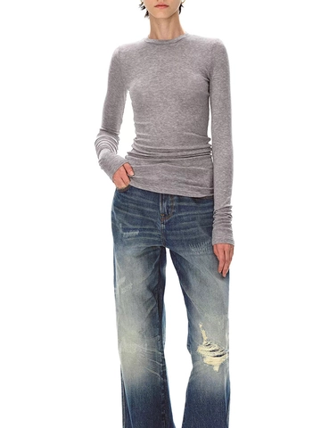 Women Slim Fit Long Sleeve T-Shirt Wool Tencel Blend Round Neck Elastic Lightweight Soft Base Layer Top