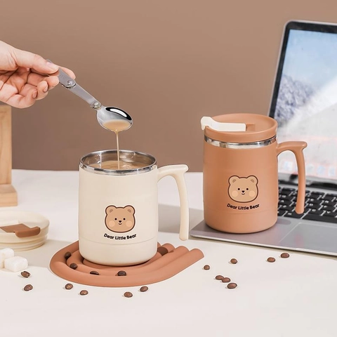 Cute Cartoon Bear Insulated Stainless Steel Coffee Mug With Handle Lid And Foldable Spoon Portable Desktop Drinking Cup
