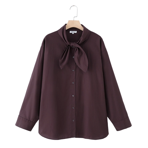 Women Solid Color Cotton Blouse Scarf Collar Bow Tie Neck Long Sleeve Button Down Loose Casual Office Top