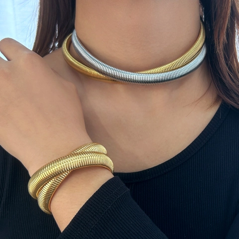 Stainless Steel Snake Chain Jewelry Set Double Layer Choker Necklace And Bracelet Punk Style Fashion Accessories For Women