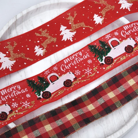 Kerstlint Kunstlinnen Bedrade Rand Rode Vrachtwagen Sneeuwvlok Ruit Kerstcadeau Verpakking DIY Ambacht Decoratie