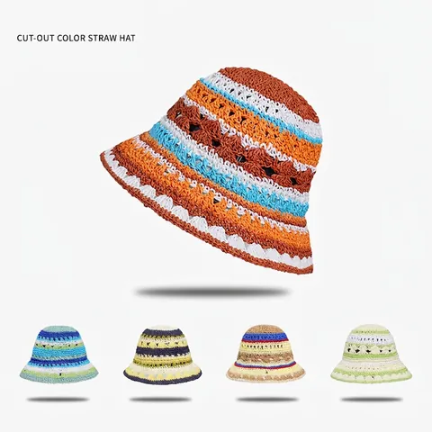 Chapeau de Pêcheur en Paille de Papier Fait Main Crochet pour Femme Motif Fleuri Ajouré Protection Solaire Été