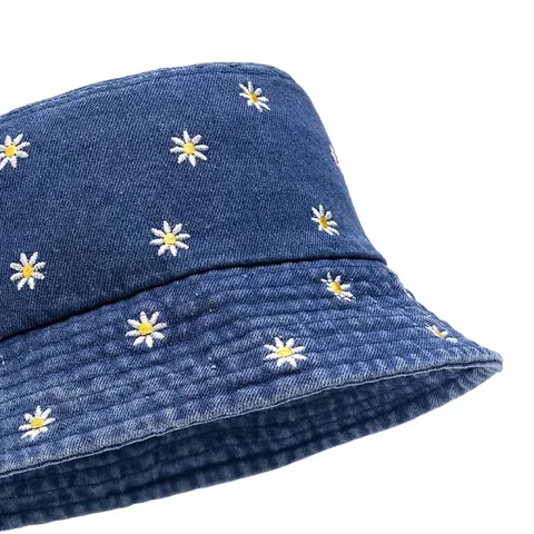 Cappello Da Pescatore In Denim Ricamato Margherita Cotone Protezione Solare Pieghevole Estate Donne