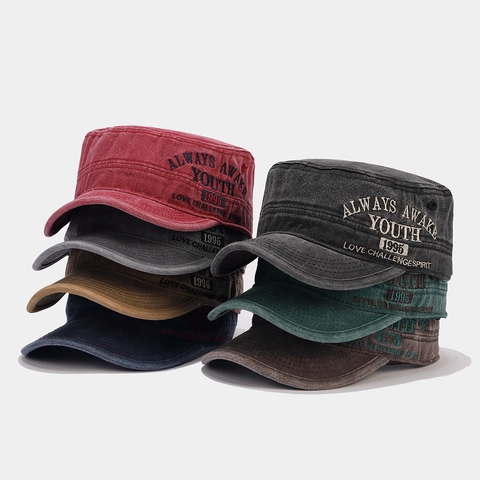 Vintage Washed Cotton Cadet Cap Military Flat Top Hat With Embroidery Adjustable Outdoor Sun Protection For Men Women