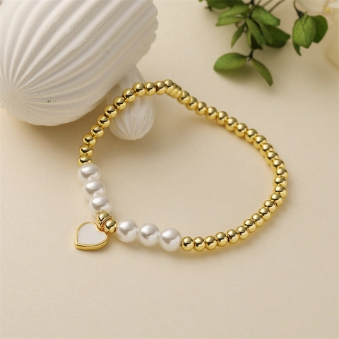 Women Beaded Bracelet With Copper Beads And Imitation Artificial Pearls Heart Moon Pendant Enamel Drip Oil Elastic Jewelry