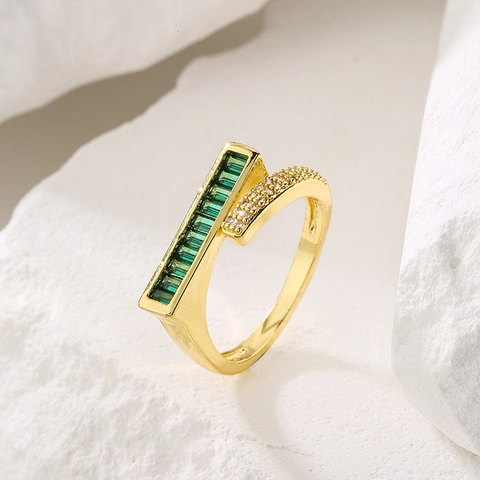 Minimalistischer Offener Ring Kupfer 18K Vergoldet Smaragdgrüner Zirkon Geometrisches Verstellbares Band Vintage Schmuck