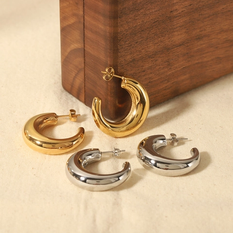 Chunky Hoop Ohrringe Edelstahl 18K Vergoldet C-Form Minimalistisch Geometrisch Polierter Schmuck Für Frauen