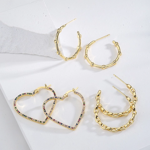 Kupfer Creolen 18K Vergoldet Geometrisches Herz Bambus Kette C-Form Zirkonia INS Trendy Schmuck Für Frauen