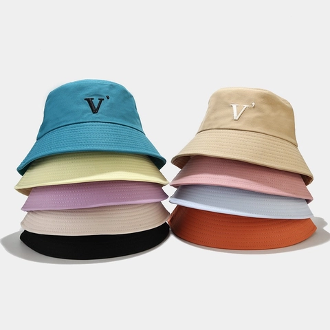 V Letter Embroidery Cotton Canvas Bucket Hat Casual Sun Protection Foldable Fisherman Cap For Men Women