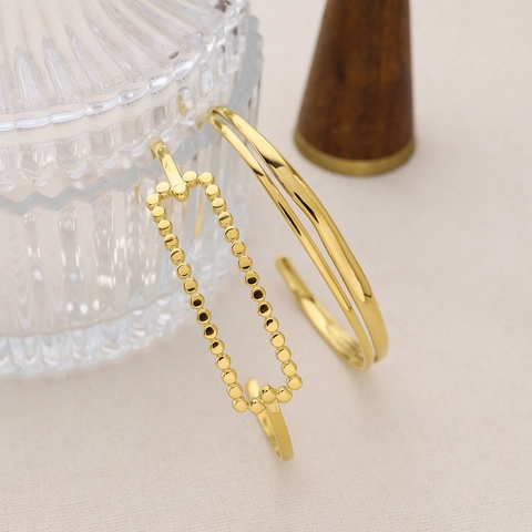 18K Gold Plated Stainless Steel Open Bangle For Women Geometric Double Layer Beaded Rectangle Frame Cuff Bracelet Jewelry