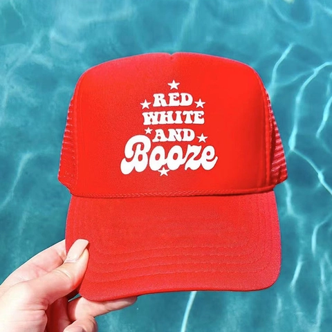 Gorra Trucker Mesh Cap Foam Front Ajustable Red White And Booze Slogan Transpirable Outdoor Party Sombrero Sol