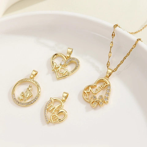 Heart Pendant Necklace Copper Cubic Zirconia Mom Mama Letter Gold Plated Mothers Day Jewelry Gift For Women
