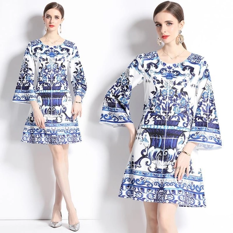 Vestito Elegante Da Donna Con Stampa Porcellana Blu E Bianca Girocollo Maniche A Campana Linea A Poliestere Retro
