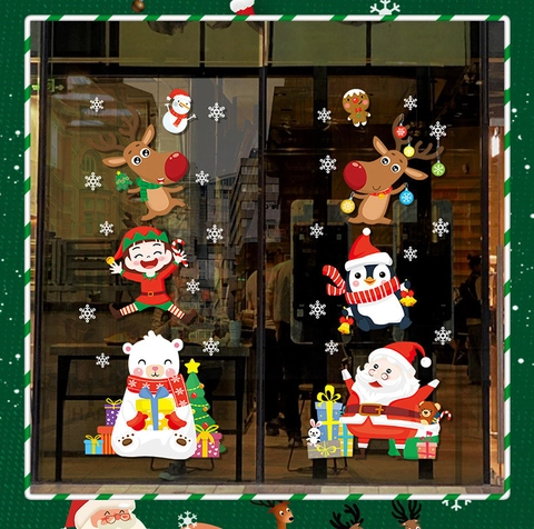 Christmas Wall Stickers Removable PVC Santa Claus Reindeer Snowflake Window Decals Cartoon Holiday Shop Glass Decor