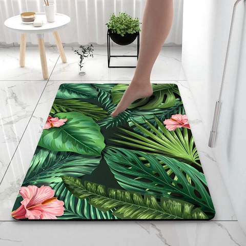 Tappetino Bagno Assorbente Fango Diatomee Antiscivolo Asciugatura Rapida Zerbino Per Cucina Arredo Casa Foglie Tropicali Fiori
