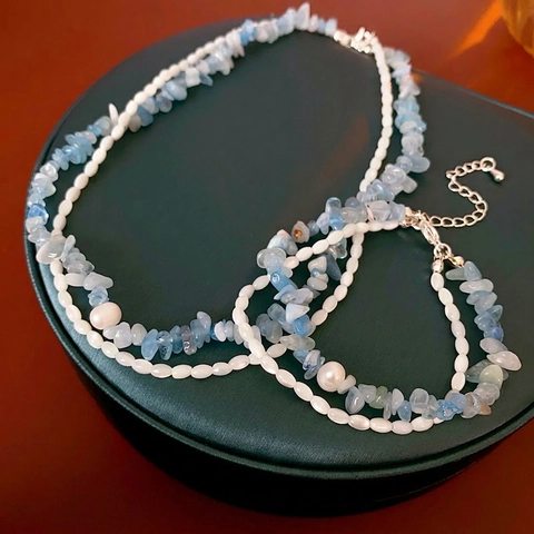 Gioielli Collana E Bracciale In Pietra Aquamarina E Perle D Acqua Dolce Con Argento Sterling 925 Per Donna Stile Vacanza