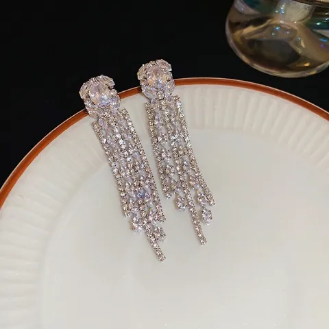 Orecchini Lunghi A Nappa Con Perno In Argento Rame Intarsiato Con Zirconi Gioielli Geometrici Chic Eleganti Da Donna