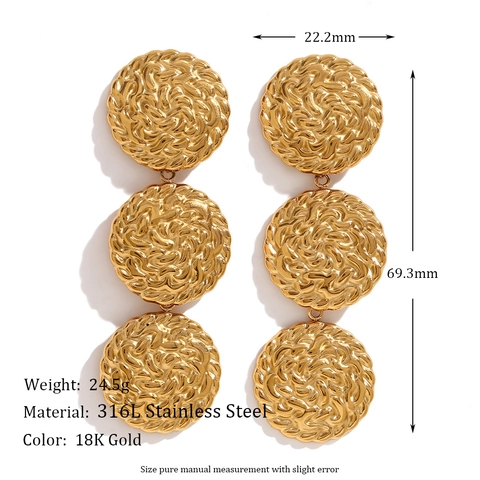 Hammered Round Disk Link Bracelet For Women 18K Gold Plated 316L Stainless Steel Geometric Spiral Relief Adjustable