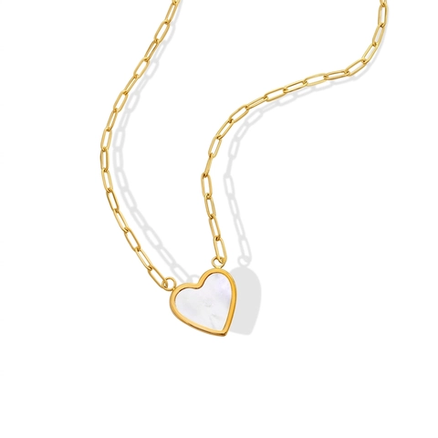 Collar Con Colgante De Corazón Acero De Titanio Chapado En Oro 18K Incrustación Nácar Blanco Cadena De Clip Para Mujer Elegante